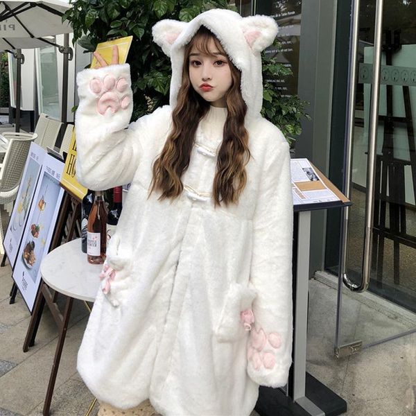 

women's fur & faux japanese sweet autumn winter lolita coats girly ears warm soft plush cartoon anime cute cat kawaii hooded jackets, Black
