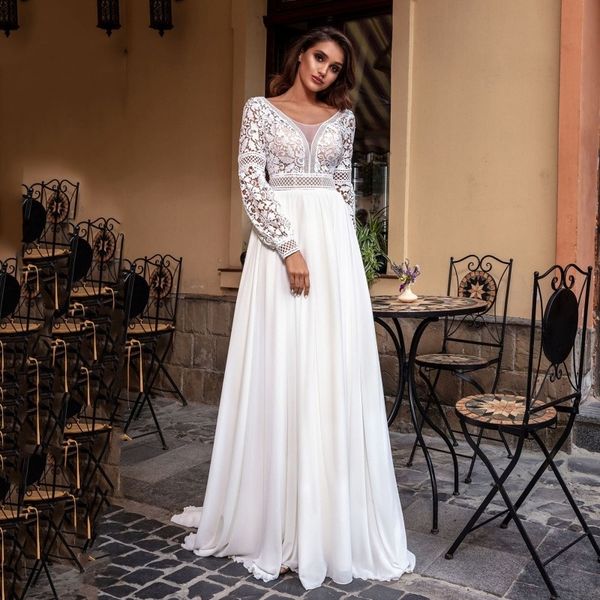 

elegant a line v neck wedding dress long puffy sleeve sweep train bridal gown applique chiffon lace vestido de novia casamento, White