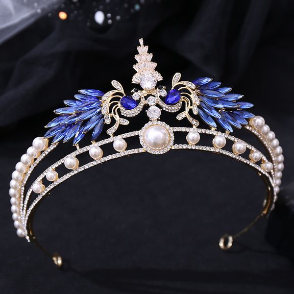 

baroque peacock crystal pearl bridal tiaras crown rhinestone pageant diadem bride headband birthday wedding hair jewelry, White;golden