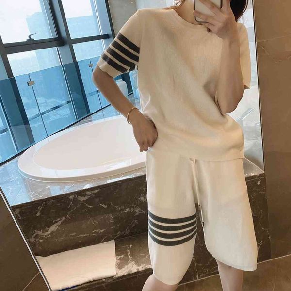 

1365 short sleeve 1358 pineapple shorts waffle stripe college style four bar wool knitting spring and summer, White;black