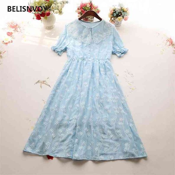 

elegant girl dress summer lace embroidery peter pan collar party dresses casual boho midi sundress vestidos feminino 210520, Black;gray