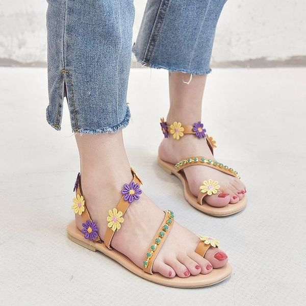 

sandals leosoxs women summer shoes flower bohemia casual gladiator plus szie 35-43 flat comfort ladies, Black