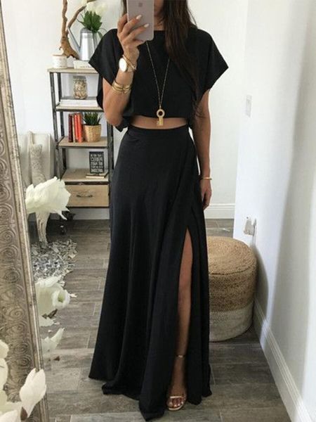 

women's tracksuits style casual t-shirt and split skirt fashion suit, Gray
