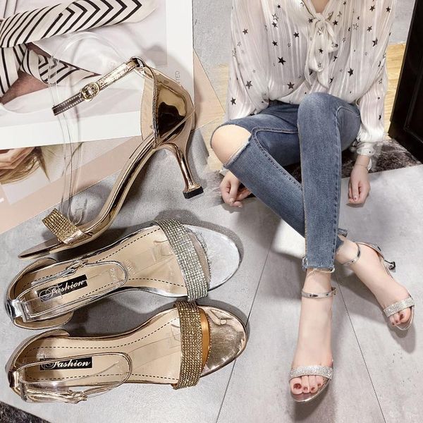 

sandals shoes women's with buckle high heels gold and silver wedding crystal p8c5, Black