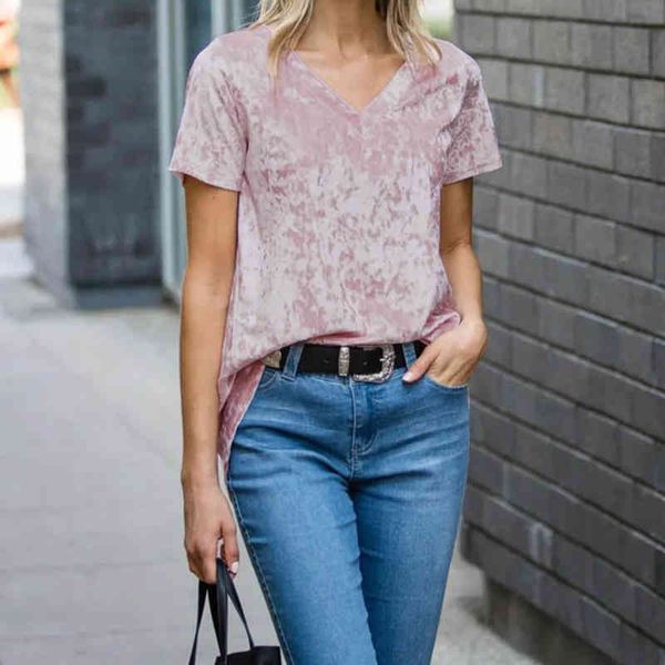 

gold velvet women blouse short-sleeved v neck casual ladies shirt 2020 summer new fashion female velves x0521, White