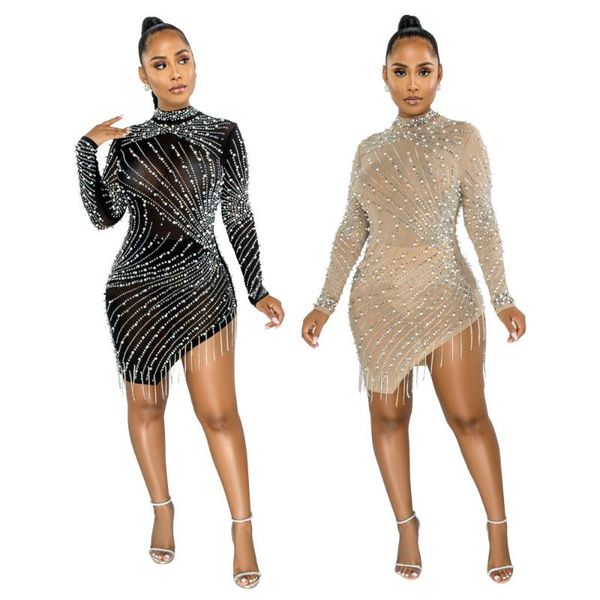 

casual dresses rstylish 2021 autumn sheer mesh drilling beading o neck long sleeve tassel bodycon see through nightclub mini dress, Black;gray