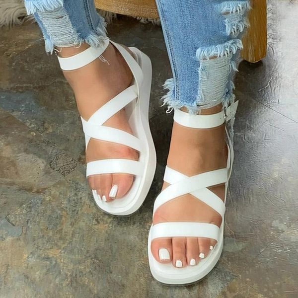 

sandals women summer pu ankle buckle strap platform falt ladies open toe sandal woman casual beach comfort femlae shoes 2021, Black