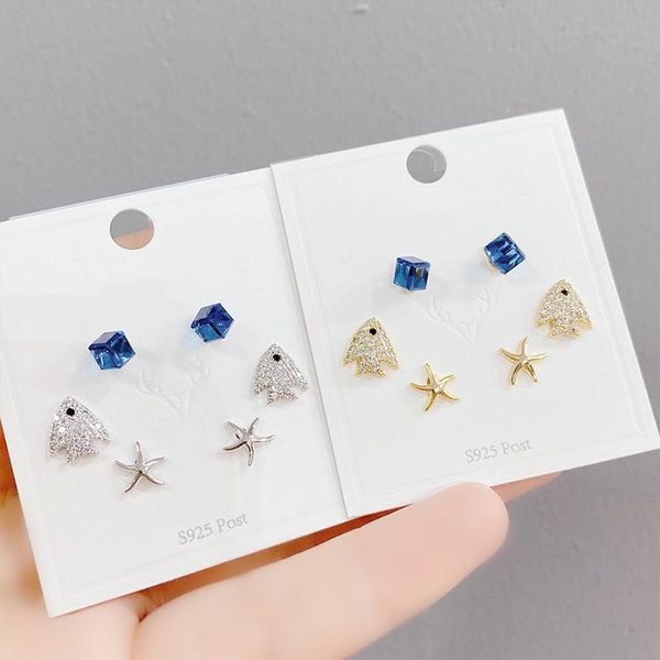 

stud 2021 design 6 pcs 14k gold plated cute fish earrings luxury jewelry cubic zircon starfish, Golden;silver