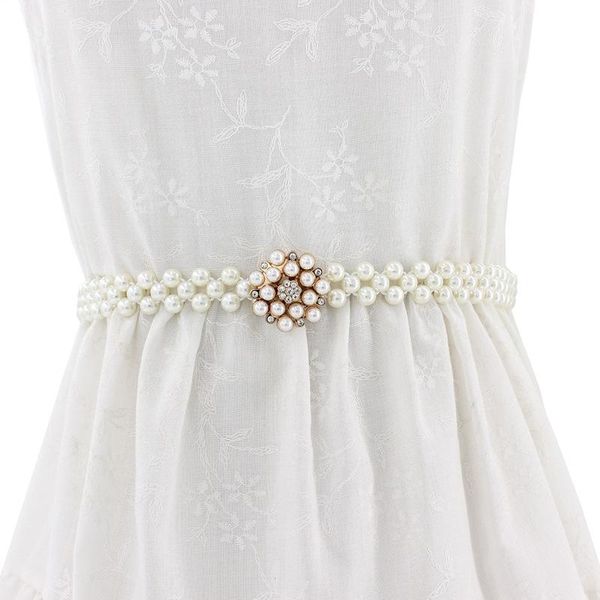 

elegant women pearl belt elastic waist buckle chain female ladies slim girls crystal dress waistband belts, Black;brown