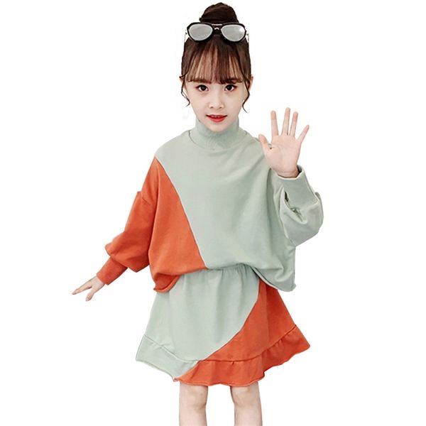 

big girls clothes turtleneck sweatshirt + skirt outfits patchwork girl teeange costumes for children 6 8 10 12 14 210527, White