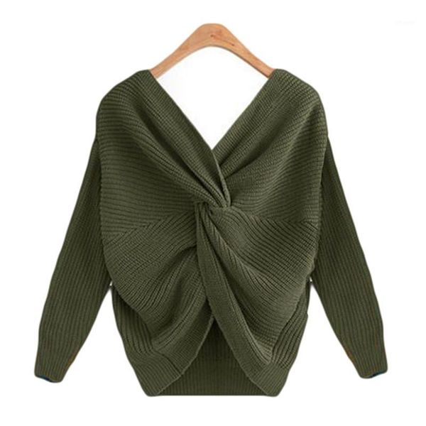 

spring autumn two-wear sweater women back irregular cross knotted knitwear lady elegant loose pullovers femme women's sweaters, White;black