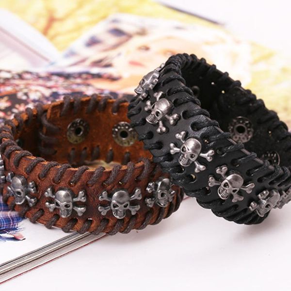 

handmade boho gypsy hippie punk real cow black brown leather metal pirate skull charms button lock wrap bracelets 2 size charm, Golden;silver