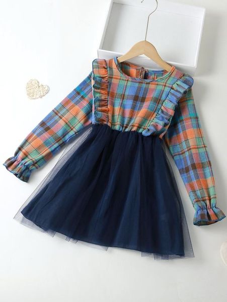 

girls plaid print ruffle trim flounce sleeve mesh hem dress she, Red;yellow