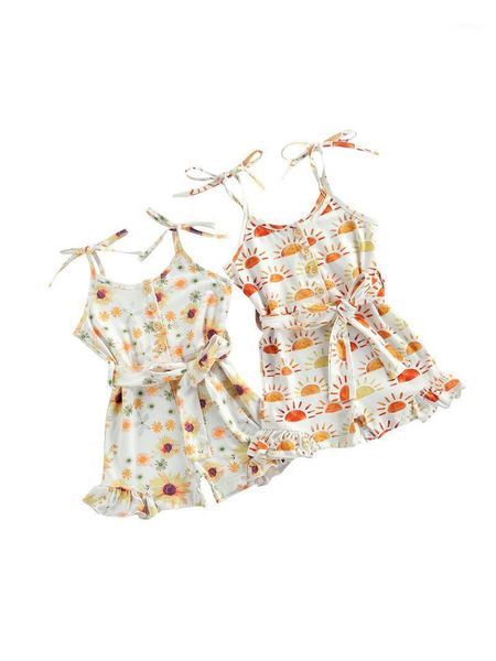 

baby camisole jumpsuit with adjustable shoulder strap, flower print bow belt summer clothing girl's dresses, Red;yellow