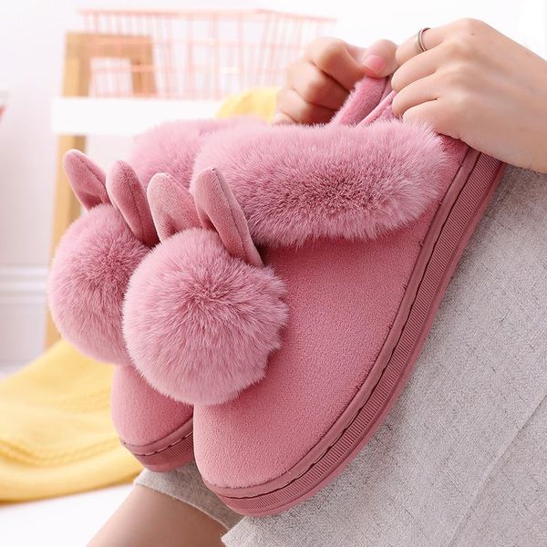 

ear plush slippers winter soft indoor women fur bottom floor ladies comfortable furry, Black