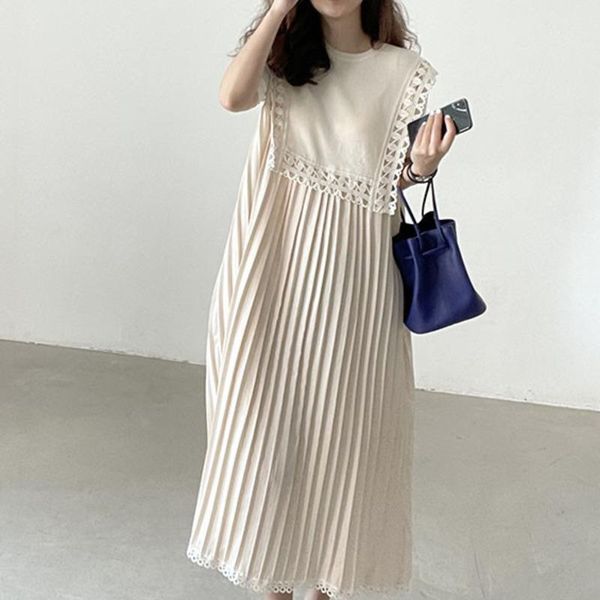 

party dresses [ewq] korea chic casual trend women o neck stitching lace loose fashion pleated short-sleeved midi dress summer 2021 16e1481, White;black
