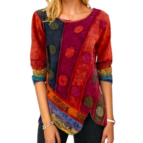 

women's t-shirt 5xl retro printed side button irregular shirt 2021 spring elegant o neck patchwork autumn long sleeve women pullover, White