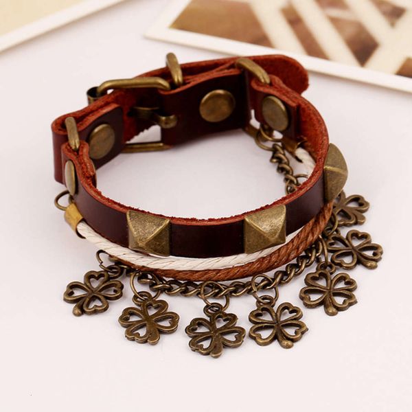 

rivet leather clover lucky grass cowhide bracelet star jewelry, Black