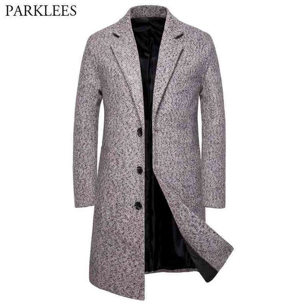 Männer Grau Herringbone Wollmischung Pea Coat Winter Marke Slim Fit Lange Woolen Trenchcoat Männliche Windjacke Mantel 2XL 210522