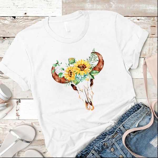 

womens t shirts women shirt cartoon skull bull heifer female graphic laides mujer camisa tshirt tees printed kawaii clothes, White