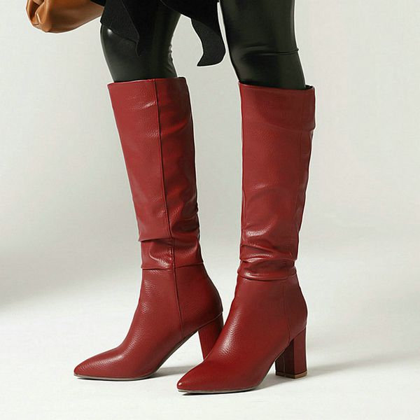 

boots botas femininas cano alto grosso salto alto, plus size, 34-43, mulheres, bico fino, plissado, sem cadarÃ§o, branco, vermelho cgs6, Black