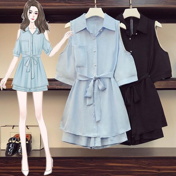 

women's tracksuits kekeplus store l-4xl plus size clothes 2021 summer fashion ladies off the shoulder beaded shirt shorts two-piece sui, Gray