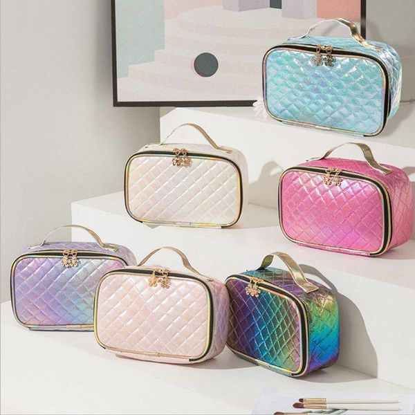 

cosmetic bags & cases fashion tote bag for women colorful pu double zipper makeup toiletry organizer pink waterproof portable handbag