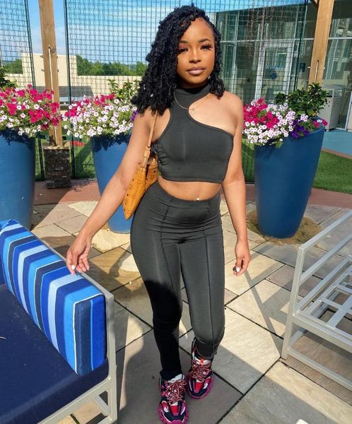 

black irregular o neck two piece sets women summer high waist slim party vest trouser suit nightclub bodycon suits women's pants, White