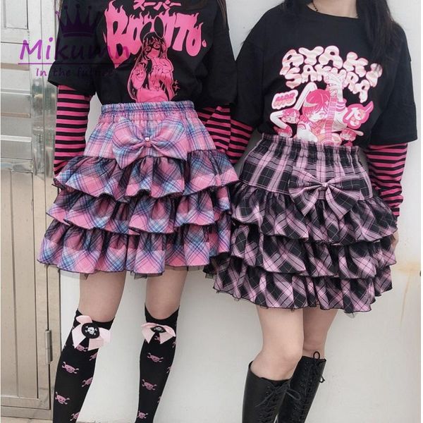 

skirts japanese harajuku girls pink plaid skirt ball gown punk sweet bow lolita cake mini women jupe kawaii, Black