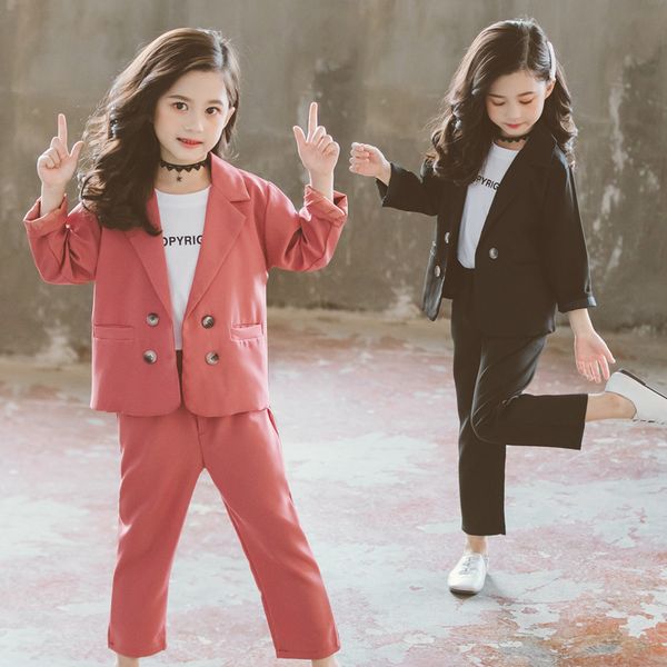 

autumn fashion red suit baby girls clothes 3 piece jacket + pant + tshirt children set kids clothes for girls for 4-12 years old, Blue;gray