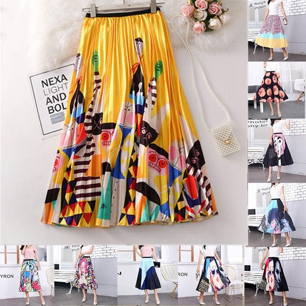 

summer autumn women skirts cartoon printing midi pleated skirt floral high elasticity jupe femme womens saias mulher, Black