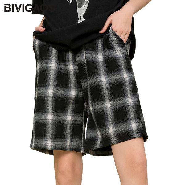 

women's shorts bivigaos black white plaid casual summer thin tigh waist loose straight wide leg women home long, White;black