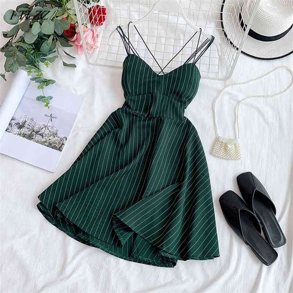 

women v-neck backless spaghetti strap dress summer striped slim a-line ladies sandy beach clothes 210430, Black;gray