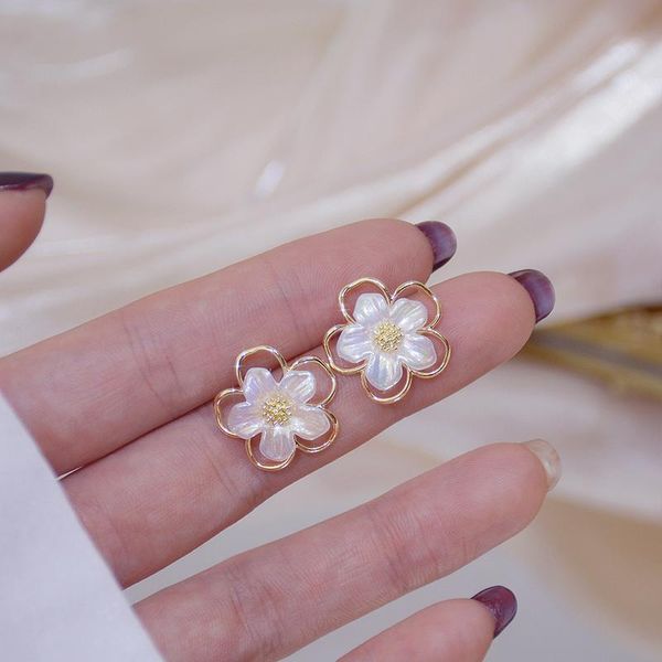 

stud arrive simple hollow flower earring for women charm acrylic 14k real gold girl lady jewelry pendant gift, Golden;silver
