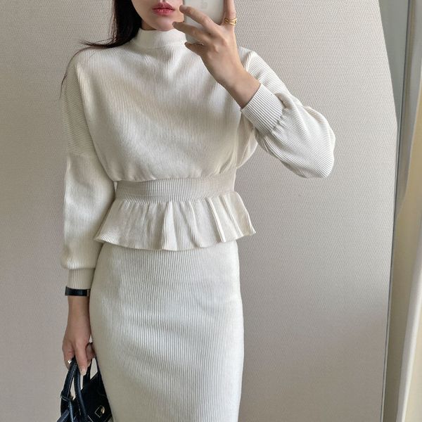 

dress autumn winter knitted office ladies two outfits long sleeve turtneck sweater and high waist skirt piece kn16 9auu, Black;gray