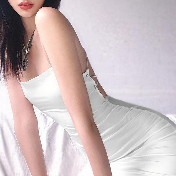 

casual dresses wjfzqm spaghetti strap white satin dress women backless sleeveless bandage wrap mini summer ladies short club party, Black;gray