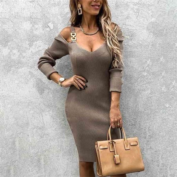 

off shoulder ribbed v-neck womens midi dress metal button long sleeve women sling dresses solid slim female clothes, Black;gray