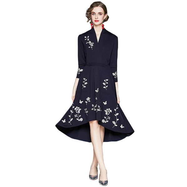 

casual dresses lukaxsikax 2021 spring autumn women v-neck long sleeve dress runway flowers embroidery vintage, Black;gray