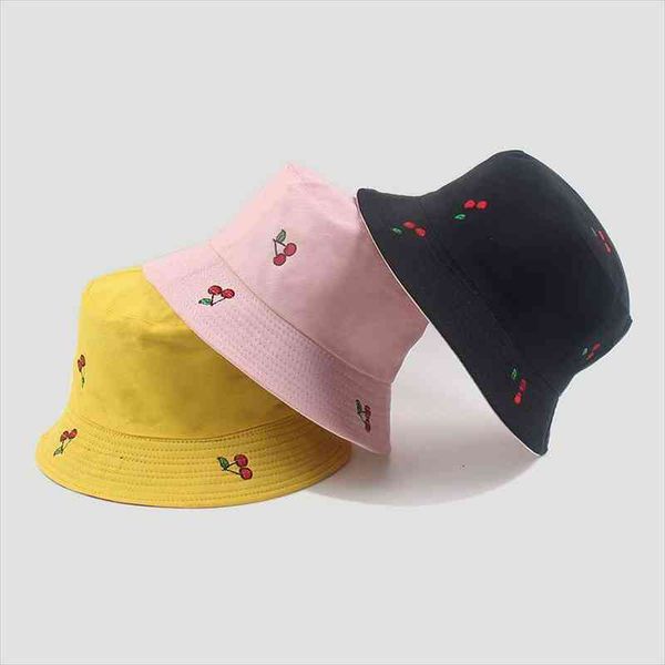 

panama fruit cherry print bucket hat for women fisherman hat pure cotton material two side reversible bob summer sun, Blue;gray
