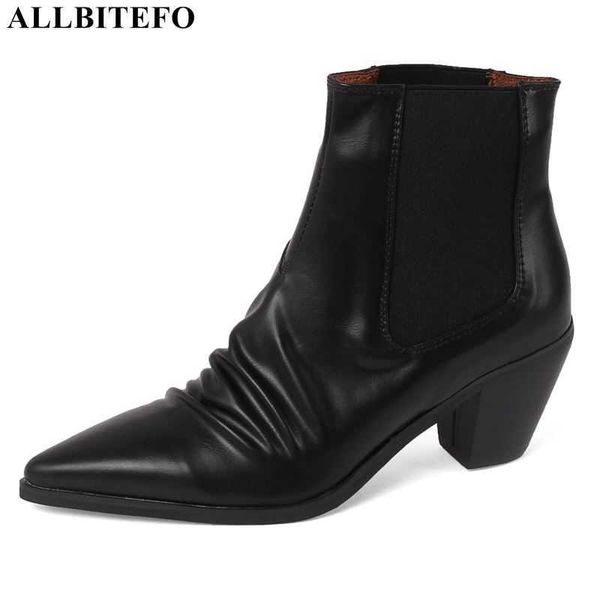 

allbitefo wrinkle design real genuine leather ankle boots for woman fashion brand high heels women boots high heel shoes 210611, Black