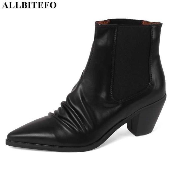 ALLBITEFO Falten Design echte echtes Leder Stiefeletten für Frau Modemarke High Heels Frauen Stiefel High Heel Schuhe 210611