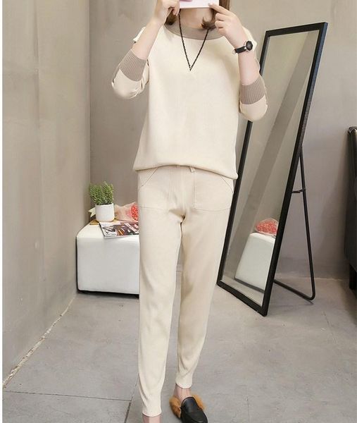 

women's two piece pants 2021 autumn winter women casual sets sweater and pencil knitted suit female plus size tracksuit, White