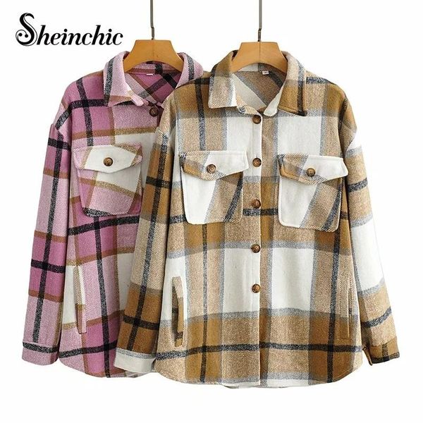 

women's wool & blends sheinchic womens 2021 autumn fashion plaid woolen jacket coat vintage long sleeve female outerwear chic, Black