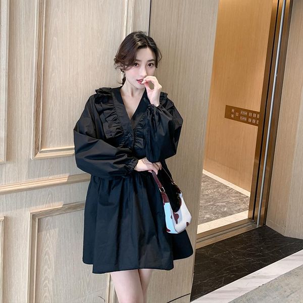 

casual dresses korean style women mini shirt dress 2021 spring summer loose v-neck ruffle trim kawaii cute long sleeve vintage, Black;gray