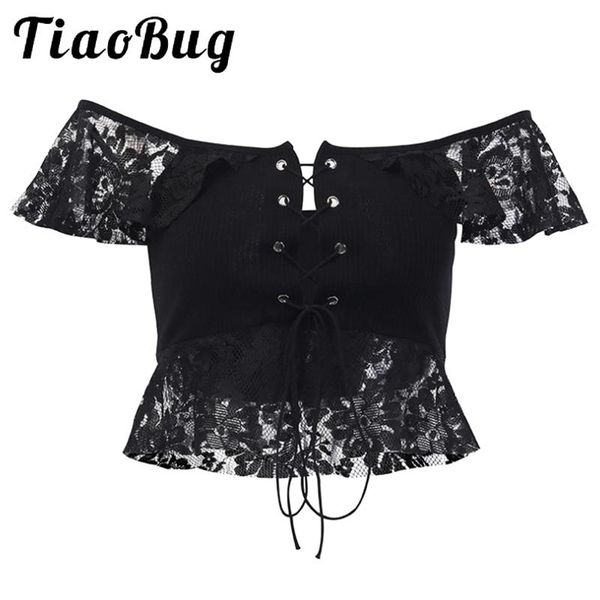

women's t-shirt women off shoulder black lace stitching crop short sleeves lace-up straps self tie closure t shirts club street top, White