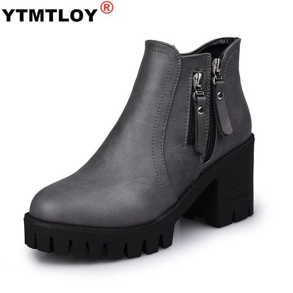 

boots pu leather .5cm high heel women round toe warm england style platform ankle black thick bottom shoes