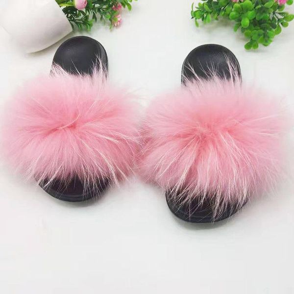 

slippers summer luxury raccoon fur women real flat shoes woman outside fluffy ladies slides beach sandals, Black
