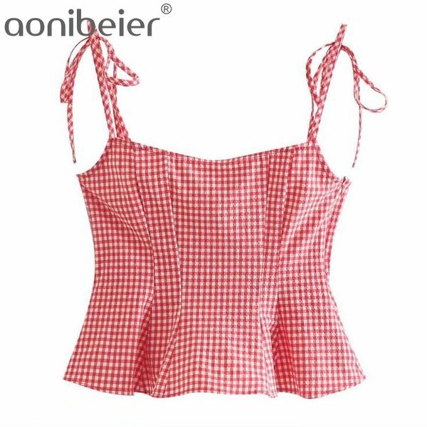 Vermelho verificado Camisole Verão Moda Sem Mangas Gravatas Laço De Ombro Zipper Slim Mulheres Casual Cami Crofe Tops Predea Câmeras 210604