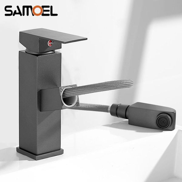 

nordic style deep-space gray brass pull out bathroom sink faucet deck-mounted square grey basin cold water mixer tap b3407 faucets
