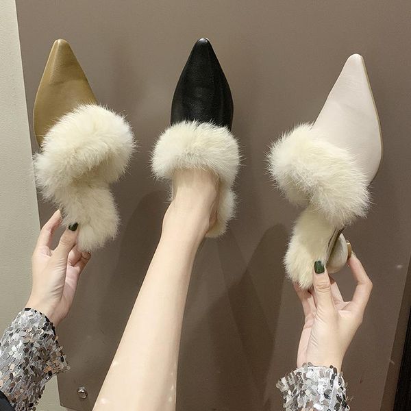 

cotton slippers fall winter fashion thick heels hairy drag pointed half women, Black